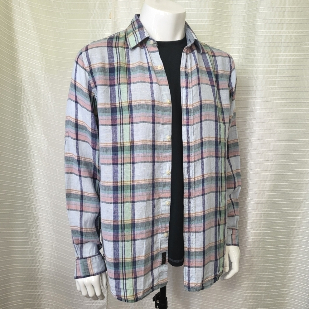 LINEN SHIRT Black Brown 1826 Long Sleeve Plaid Blue Green Men's L